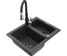 Granitinė virtuvinė plautuvė Mexen Carlos su maišytuvu ir sifonu, Juodas granite+Juodas