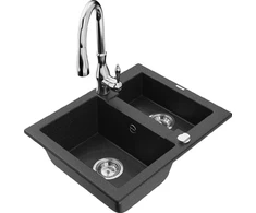 Granitinė virtuvinė plautuvė Mexen Carlos su maišytuvu ir sifonu, Metallic juodas/sidabrinis+Chrome