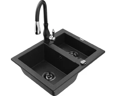 Granitinė virtuvinė plautuvė Mexen Carlos su maišytuvu ir sifonu, Metallic juodas/sidabrinis+Juodas