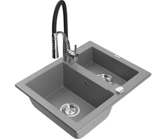 Granitinė virtuvinė plautuvė Mexen Carlos su maišytuvu ir sifonu, Pilkas+Juodas/Chrome