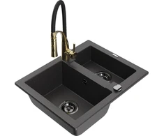 Granitinė virtuvinė plautuvė Mexen Carlos su maišytuvu ir sifonu, Juodas granite+Juodas/Gold
