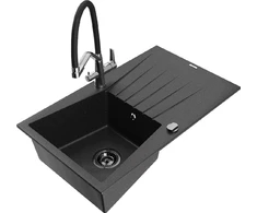 Granitinė virtuvinė plautuvė Mexen Cesar su maišytuvu ir sifonu, Metallic juodas/sidabrinis+Juodas/Chrome
