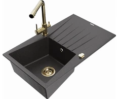 Granitinė virtuvinė plautuvė Mexen Cesar su maišytuvu ir sifonu, Juodas granite+Gold