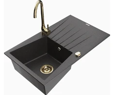 Granitinė virtuvinė plautuvė Mexen Cesar su maišytuvu ir sifonu, Juodas granite+Gold
