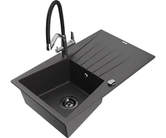 Granitinė virtuvinė plautuvė Mexen Cesar su maišytuvu ir sifonu, Juodas granite+Juodas/Chrome
