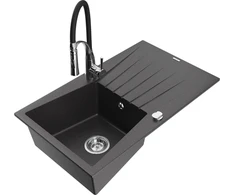 Granitinė virtuvinė plautuvė Mexen Cesar su maišytuvu ir sifonu, Juodas granite+Juodas/Chrome