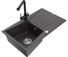 Granitinė virtuvinė plautuvė Mexen Cesar su maišytuvu ir sifonu, Juodas granite+Juodas