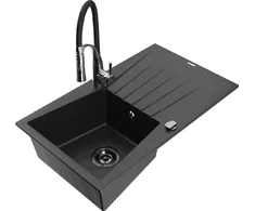 Granitinė virtuvinė plautuvė Mexen Cesar su maišytuvu ir sifonu, Metallic juodas/sidabrinis+Juodas/Chrome