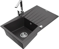 Granitinė virtuvinė plautuvė Mexen Cesar su maišytuvu ir sifonu, Juodas granite+Chrome