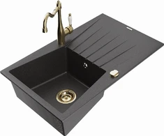 Granitinė virtuvinė plautuvė Mexen Cesar su maišytuvu ir sifonu, Juodas granite+Gold