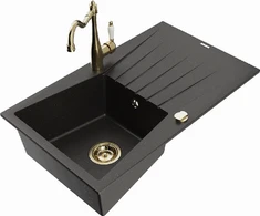 Granitinė virtuvinė plautuvė Mexen Cesar su maišytuvu ir sifonu, Metallic juodas/auksinis+Gold