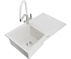 Granitinė virtuvinė plautuvė Mexen Cesar su maišytuvu ir sifonu, Baltas+Baltas/Chrome