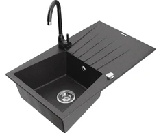 Granitinė virtuvinė plautuvė Mexen Cesar su maišytuvu ir sifonu, Juodas granite+Juodas