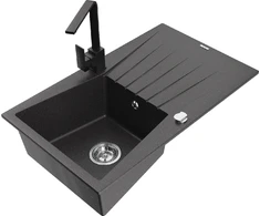 Granitinė virtuvinė plautuvė Mexen Cesar su maišytuvu ir sifonu, Juodas granite+Juodas