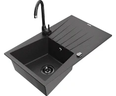 Granitinė virtuvinė plautuvė Mexen Cesar su maišytuvu ir sifonu, Juodas granite+Juodas