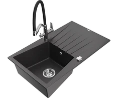Granitinė virtuvinė plautuvė Mexen Cesar su maišytuvu ir sifonu, Juodas granite+Juodas/Chrome