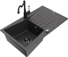 Granitinė virtuvinė plautuvė Mexen Cesar su maišytuvu ir sifonu, Juodas granite+Juodas