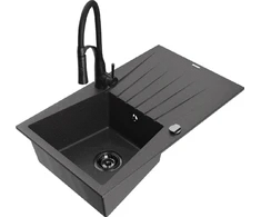 Granitinė virtuvinė plautuvė Mexen Cesar su maišytuvu ir sifonu, Juodas granite+Juodas
