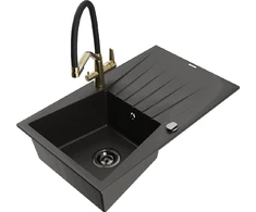 Granitinė virtuvinė plautuvė Mexen Cesar su maišytuvu ir sifonu, Metallic juodas/auksinis+Juodas/Gold