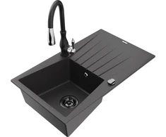 Granitinė virtuvinė plautuvė Mexen Cesar su maišytuvu ir sifonu, Juodas granite+Juodas