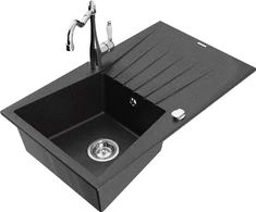 Granitinė virtuvinė plautuvė Mexen Cesar su maišytuvu ir sifonu, Metallic juodas/sidabrinis+Chrome