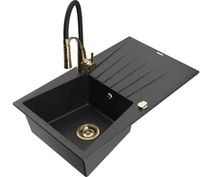 Granitinė virtuvinė plautuvė Mexen Cesar su maišytuvu ir sifonu, Metallic juodas/sidabrinis+Juodas/Gold