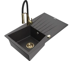 Granitinė virtuvinė plautuvė Mexen Cesar su maišytuvu ir sifonu, Juodas granite+Juodas/Gold