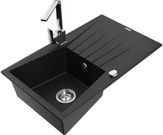 Granitinė virtuvinė plautuvė Mexen Cesar su maišytuvu ir sifonu, Juodas+Chrome