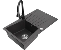 Granitinė virtuvinė plautuvė Mexen Cesar su maišytuvu ir sifonu, Juodas granite+Juodas