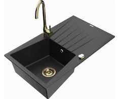Granitinė virtuvinė plautuvė Mexen Cesar su maišytuvu ir sifonu, Metallic juodas/sidabrinis+Gold