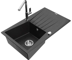 Granitinė virtuvinė plautuvė Mexen Cesar su maišytuvu ir sifonu, Metallic juodas/sidabrinis+Chrome