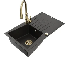 Granitinė virtuvinė plautuvė Mexen Cesar su maišytuvu ir sifonu, Metallic juodas/auksinis+Gold