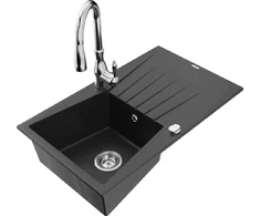 Granitinė virtuvinė plautuvė Mexen Cesar su maišytuvu ir sifonu, Metallic juodas/sidabrinis+Chrome
