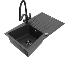 Granitinė virtuvinė plautuvė Mexen Cesar su maišytuvu ir sifonu, Juodas granite+Juodas