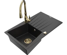 Granitinė virtuvinė plautuvė Mexen Cesar su maišytuvu ir sifonu, Metallic juodas/sidabrinis+Gold