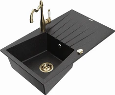 Granitinė virtuvinė plautuvė Mexen Cesar su maišytuvu ir sifonu, Metallic juodas/sidabrinis+Gold