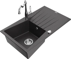 Granitinė virtuvinė plautuvė Mexen Cesar su maišytuvu ir sifonu, Juodas granite+Chrome