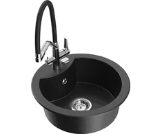 Granitinė virtuvinė plautuvė Mexen Diego su maišytuvu ir sifonu, Metallic juodas/sidabrinis+Juodas/Chrome