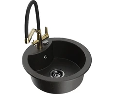 Granitinė virtuvinė plautuvė Mexen Diego su maišytuvu ir sifonu, Metallic juodas/auksinis+Juodas/Gold