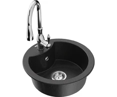 Granitinė virtuvinė plautuvė Mexen Diego su maišytuvu ir sifonu, Metallic juodas/sidabrinis+Chrome