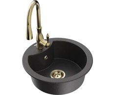 Granitinė virtuvinė plautuvė Mexen Diego su maišytuvu ir sifonu, Juodas granite+Gold