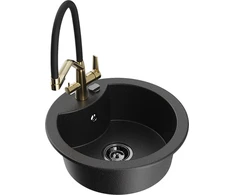 Granitinė virtuvinė plautuvė Mexen Diego su maišytuvu ir sifonu, Metallic juodas/sidabrinis+Juodas/Gold