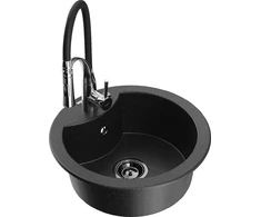 Granitinė virtuvinė plautuvė Mexen Diego su maišytuvu ir sifonu, Metallic juodas/sidabrinis+Juodas/Chrome