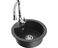 Granitinė virtuvinė plautuvė Mexen Diego su maišytuvu ir sifonu, Juodas granite+Chrome