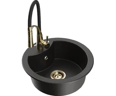 Granitinė virtuvinė plautuvė Mexen Diego su maišytuvu ir sifonu, Metallic juodas/auksinis+Juodas/Gold