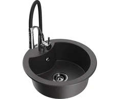 Granitinė virtuvinė plautuvė Mexen Diego su maišytuvu ir sifonu, Juodas granite+Juodas/Chrome