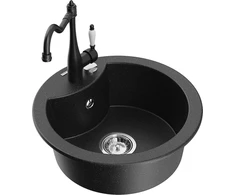 Granitinė virtuvinė plautuvė Mexen Diego su maišytuvu ir sifonu, Metallic juodas/sidabrinis+Juodas