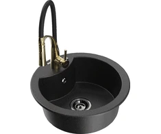 Granitinė virtuvinė plautuvė Mexen Diego su maišytuvu ir sifonu, Metallic juodas/sidabrinis+Juodas/Gold
