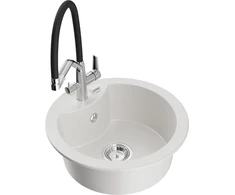 Granitinė virtuvinė plautuvė Mexen Diego su maišytuvu ir sifonu, Baltas+Juodas/Chrome