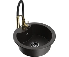 Granitinė virtuvinė plautuvė Mexen Diego su maišytuvu ir sifonu, Metallic juodas/auksinis+Juodas/Gold
